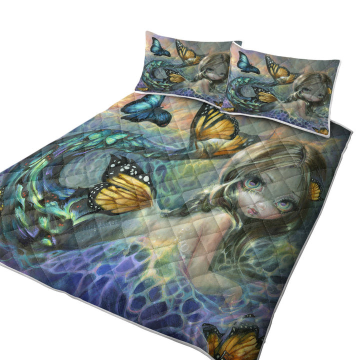 California King Quilt Sets with Mermaid and Butterflies Fantasy Painting Sea Monarch