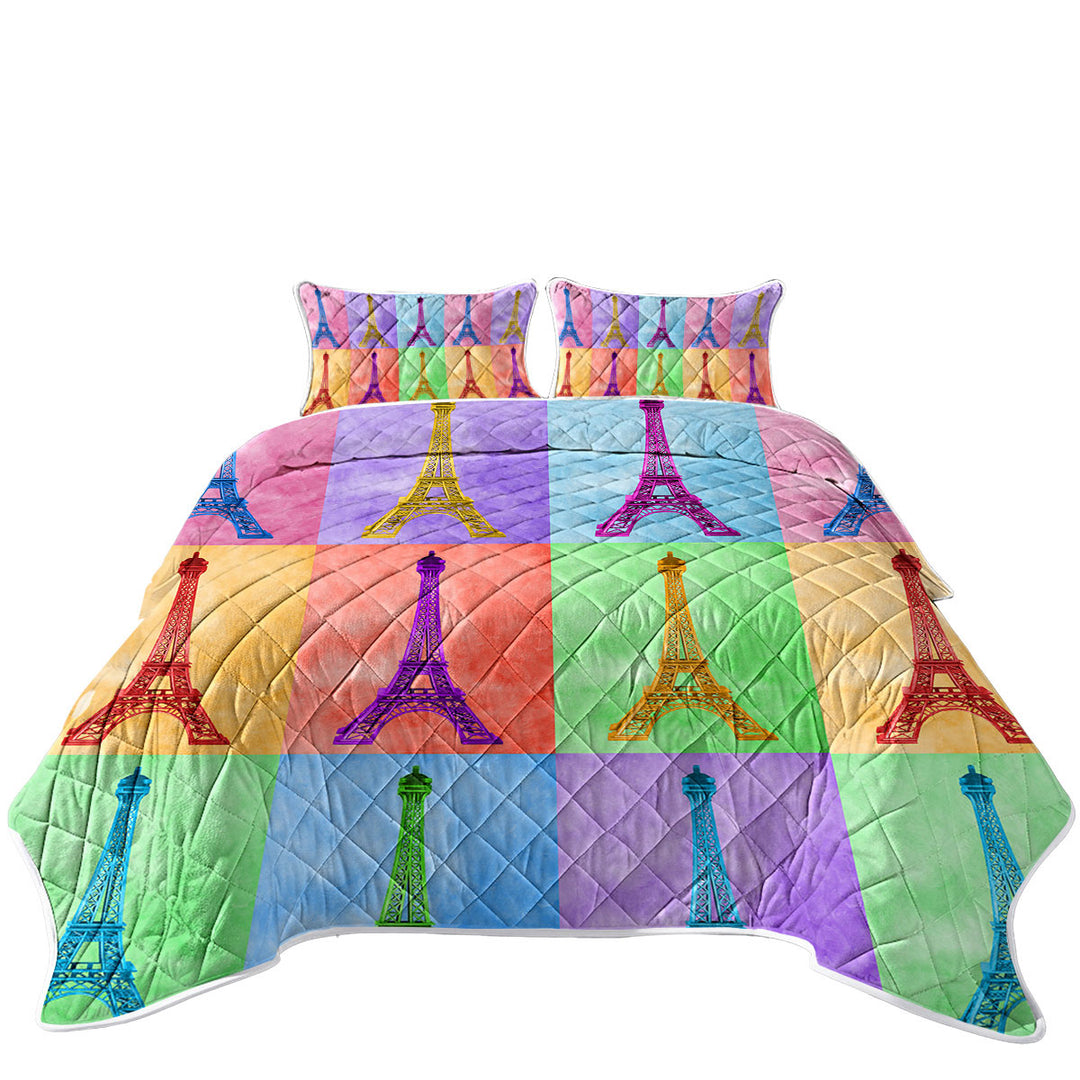 California King Quilt Sets with Multicolored Eiffel Tower Panel