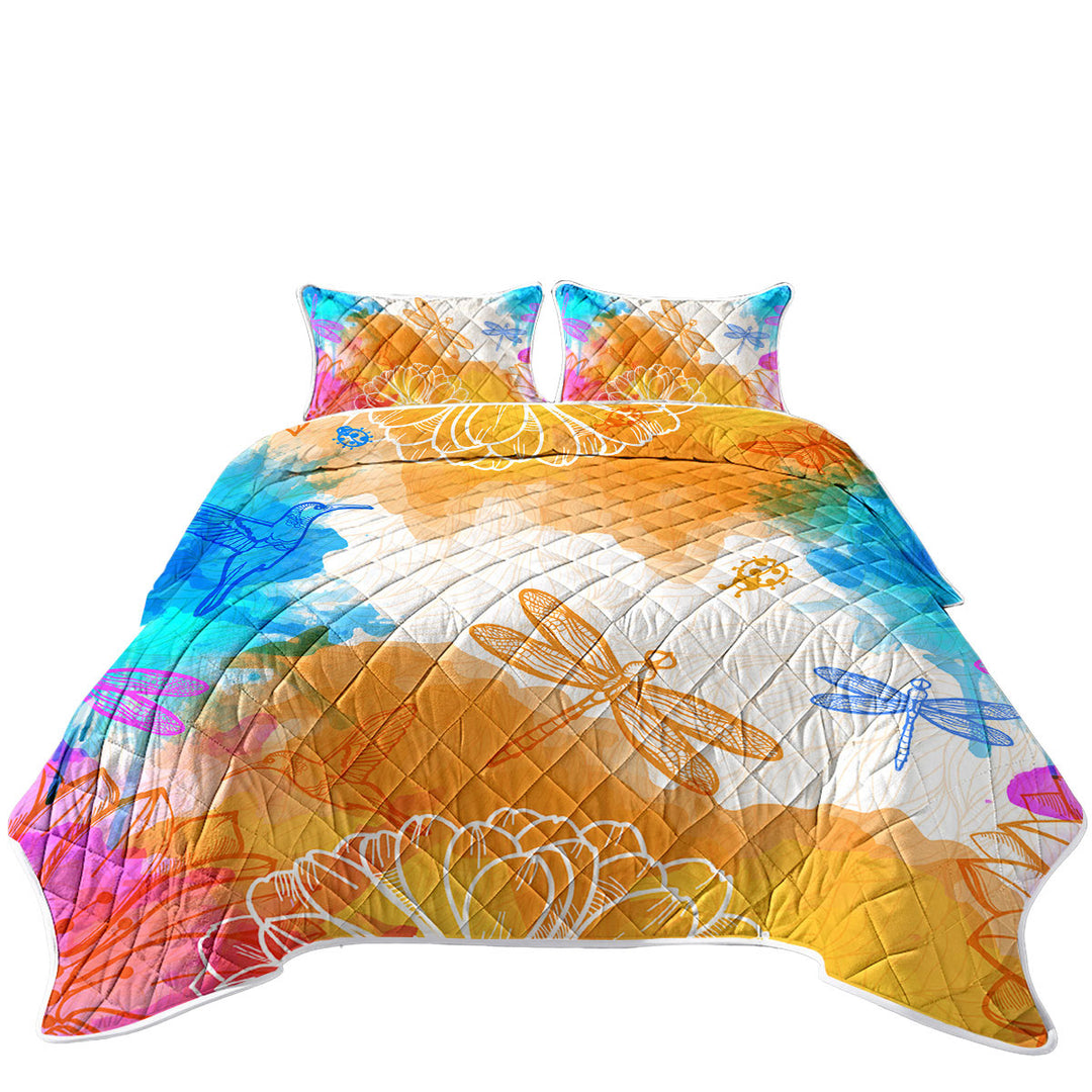 California King Quilt Sets with Orange Blue Dragonflies and Hummingbirds