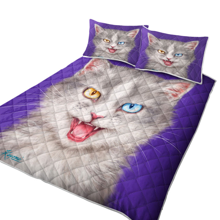 California King Quilt Sets with Painted Cats Heterochromia Eyes Grey Cat