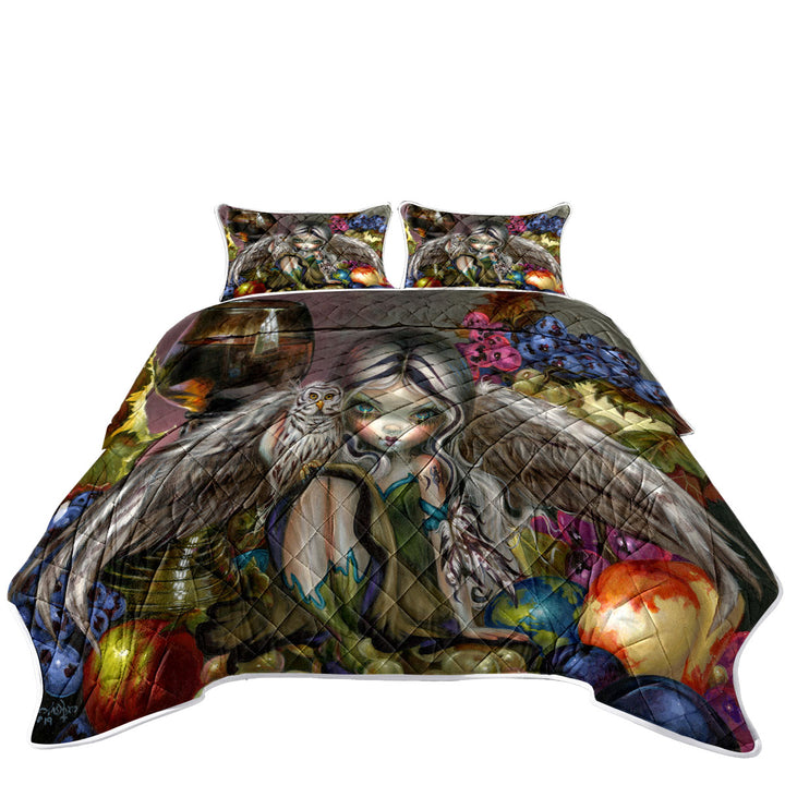 California King Quilt Sets with Silent Wisdom Owl Angel Wine and Fruits