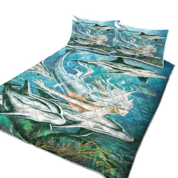 California King Quilt Sets with Sirens Mythology Art Dolphins and Mermaid