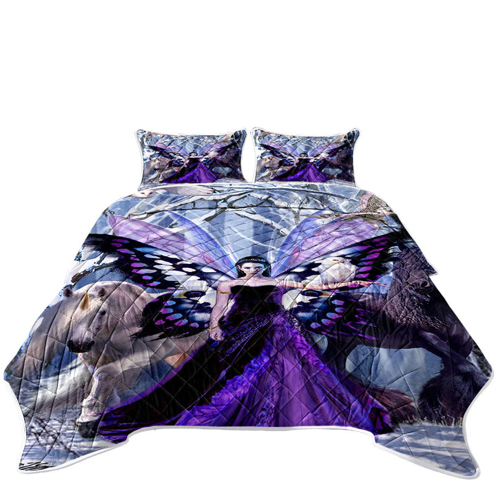 California King Quilt Sets with Snowy Forest Owls Horses and Purple Fairy Queen