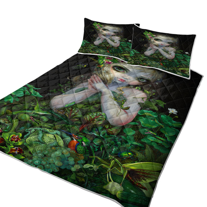 California King Quilt Sets with Surrealism Art Prints Green Goddess Girl