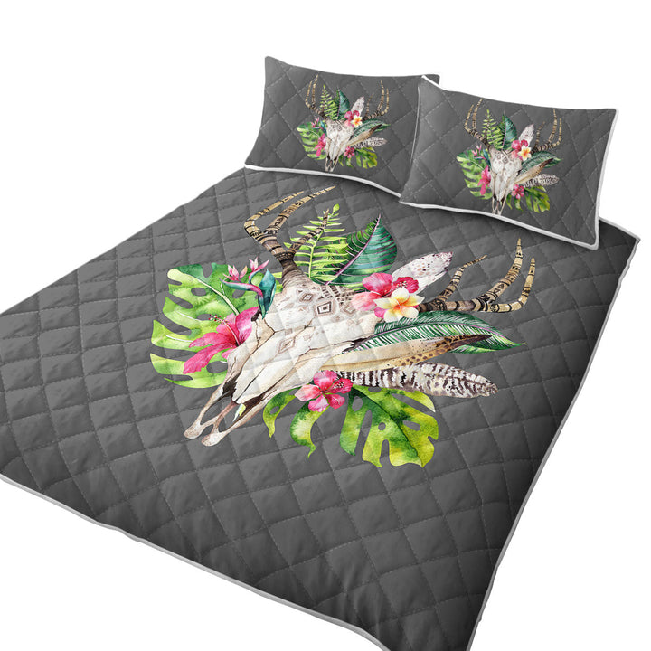 California King Quilt Sets with Tropical Flowers and Leaves Deer Skull