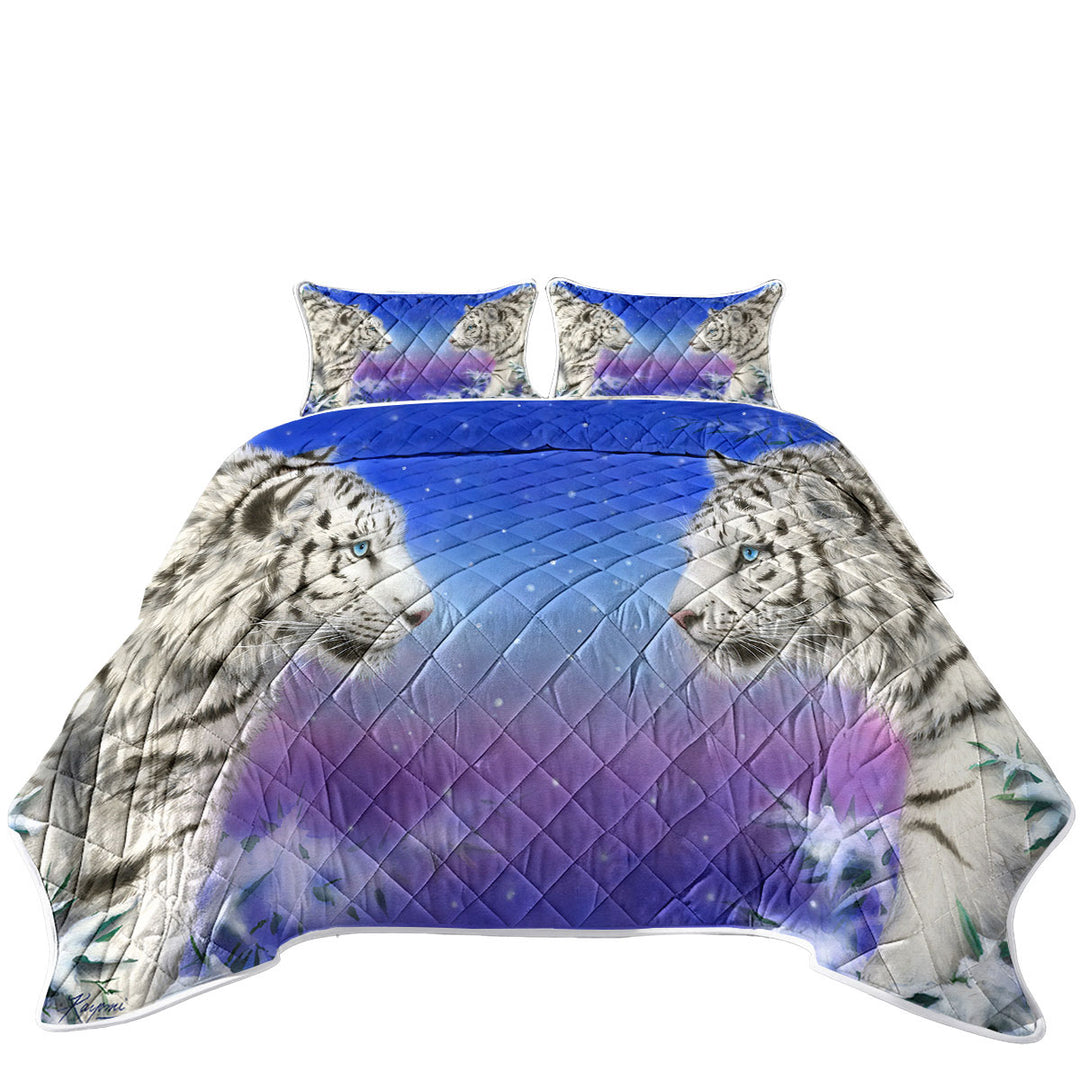 California King Quilt Sets with Wild Animal Art White Tigers at Winter Night