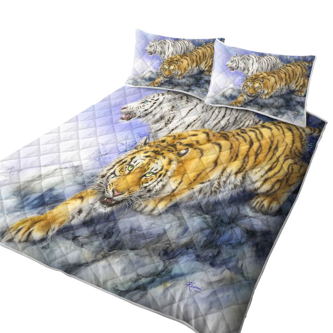 California King Quilt Sets with Wild Animal Art White and Orange Tigers