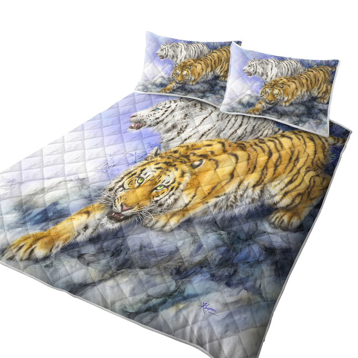 California King Quilt Sets with Wild Animal Art White and Orange Tigers