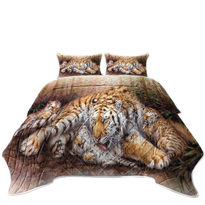 California King Quilt Sets with Wildlife Animal Art Tiger Family in Bamboo Forest