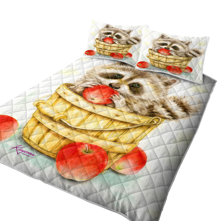 California King Quilt Sets with Wildlife Cute Animal Art Apple Basket Raccoon