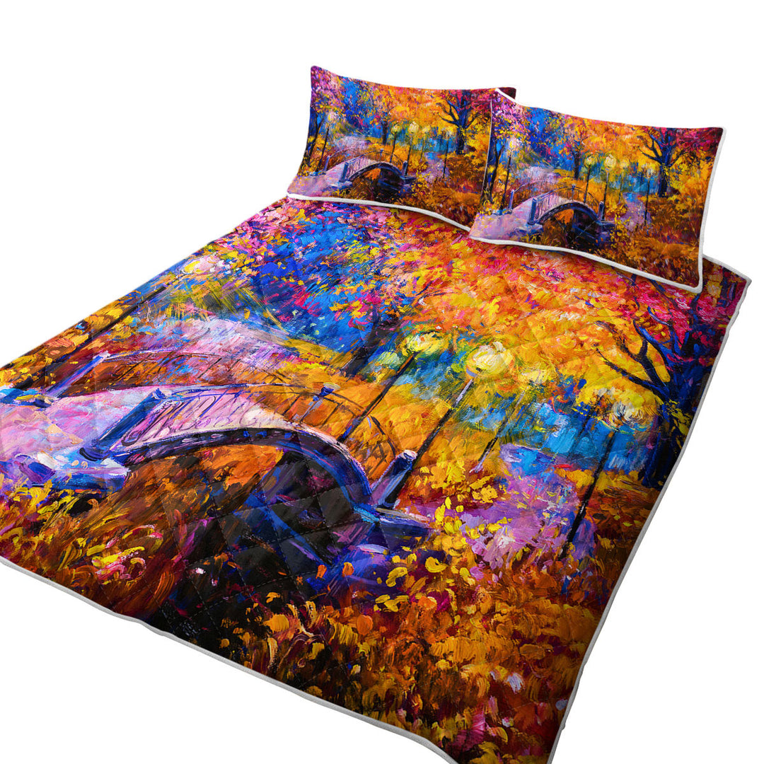 California King Quilt Sets with Wooded Park and Bridge Gorgeous Autumn Art