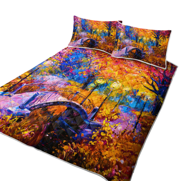California King Quilt Sets with Wooded Park and Bridge Gorgeous Autumn Art