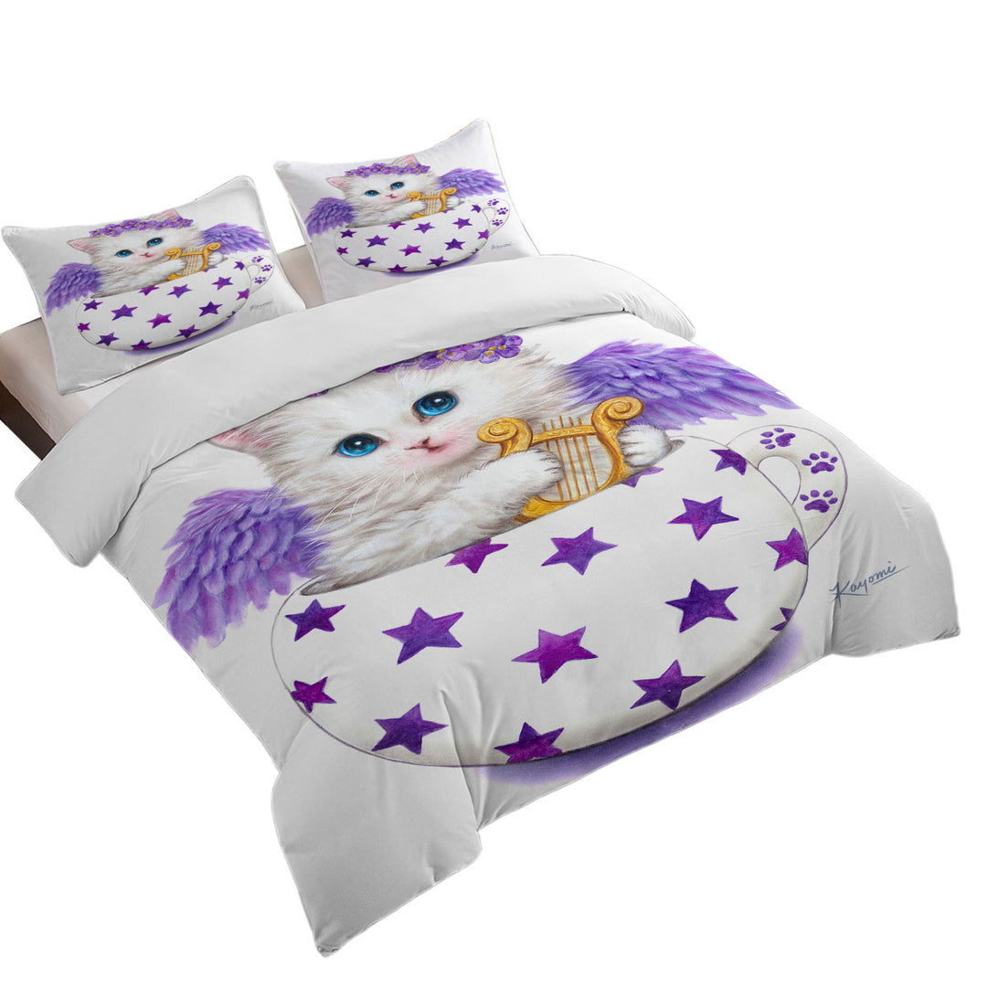 Cat Art Drawings the Cup Kitty Harp Angel Queen Size Duvet Cover