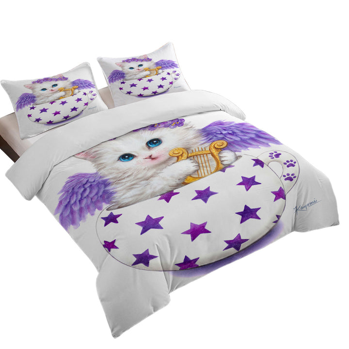 Cat Art Drawings the Cup Kitty Harp Angel Queen Size Duvet Cover