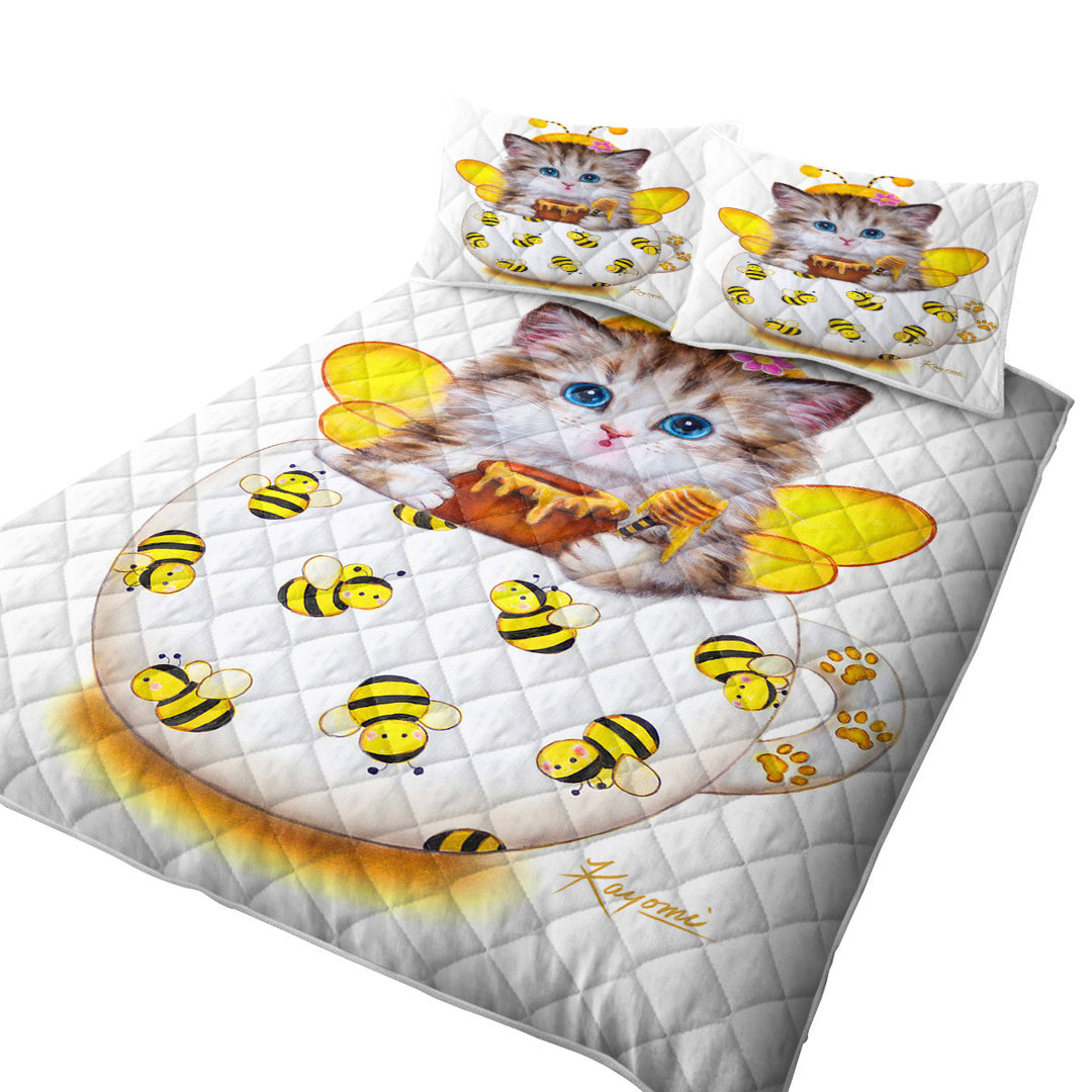 Cat Art Drawings the Cute Cup Kitty Bee California King Quilt Sets
