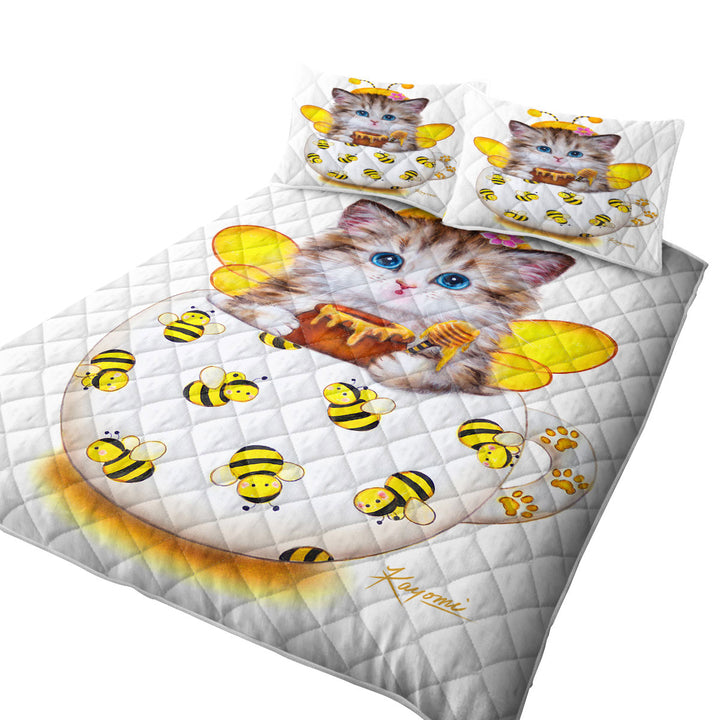 Cat Art Drawings the Cute Cup Kitty Bee California King Quilt Sets