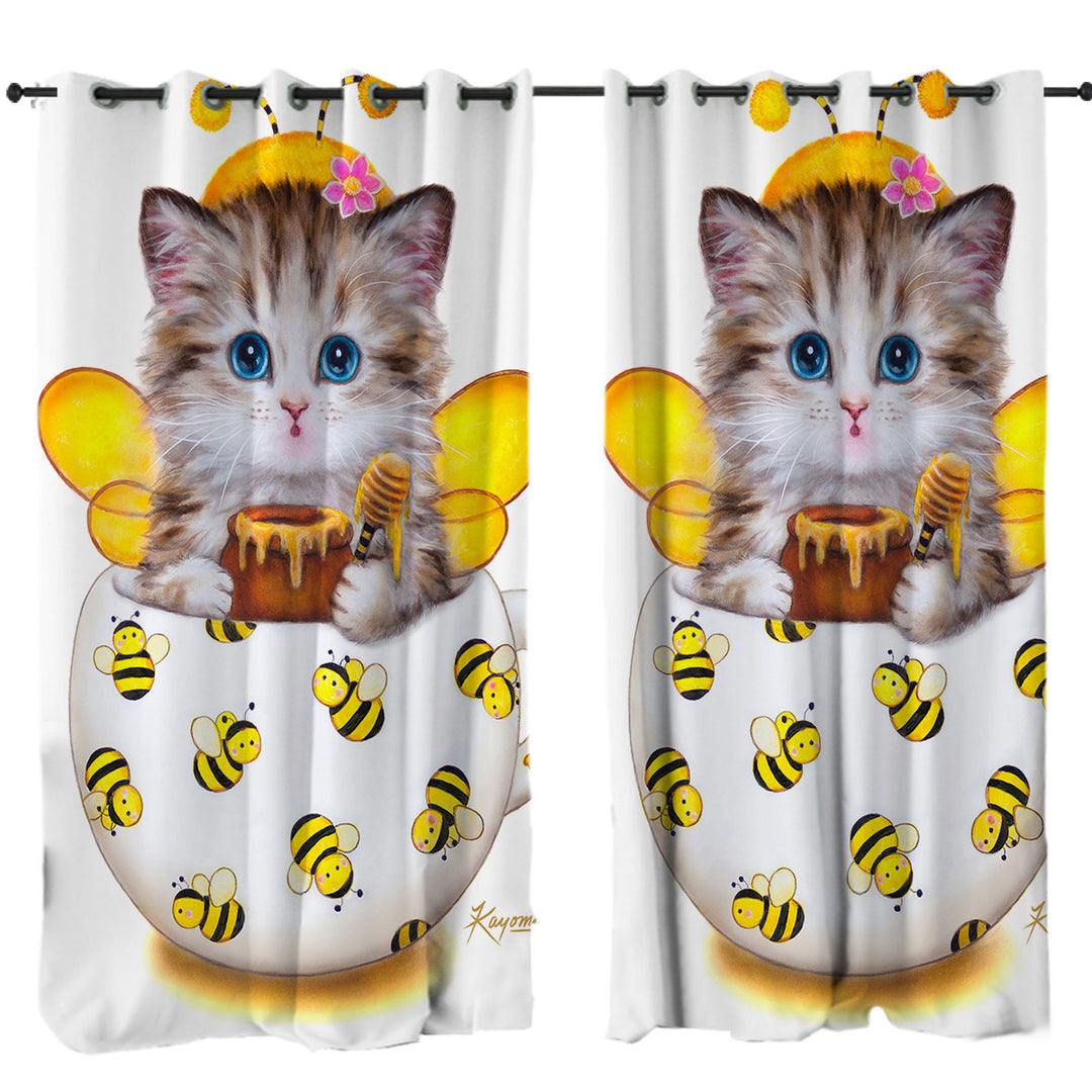 Cat Art Drawings the Cute Cup Kitty Bee Curtain