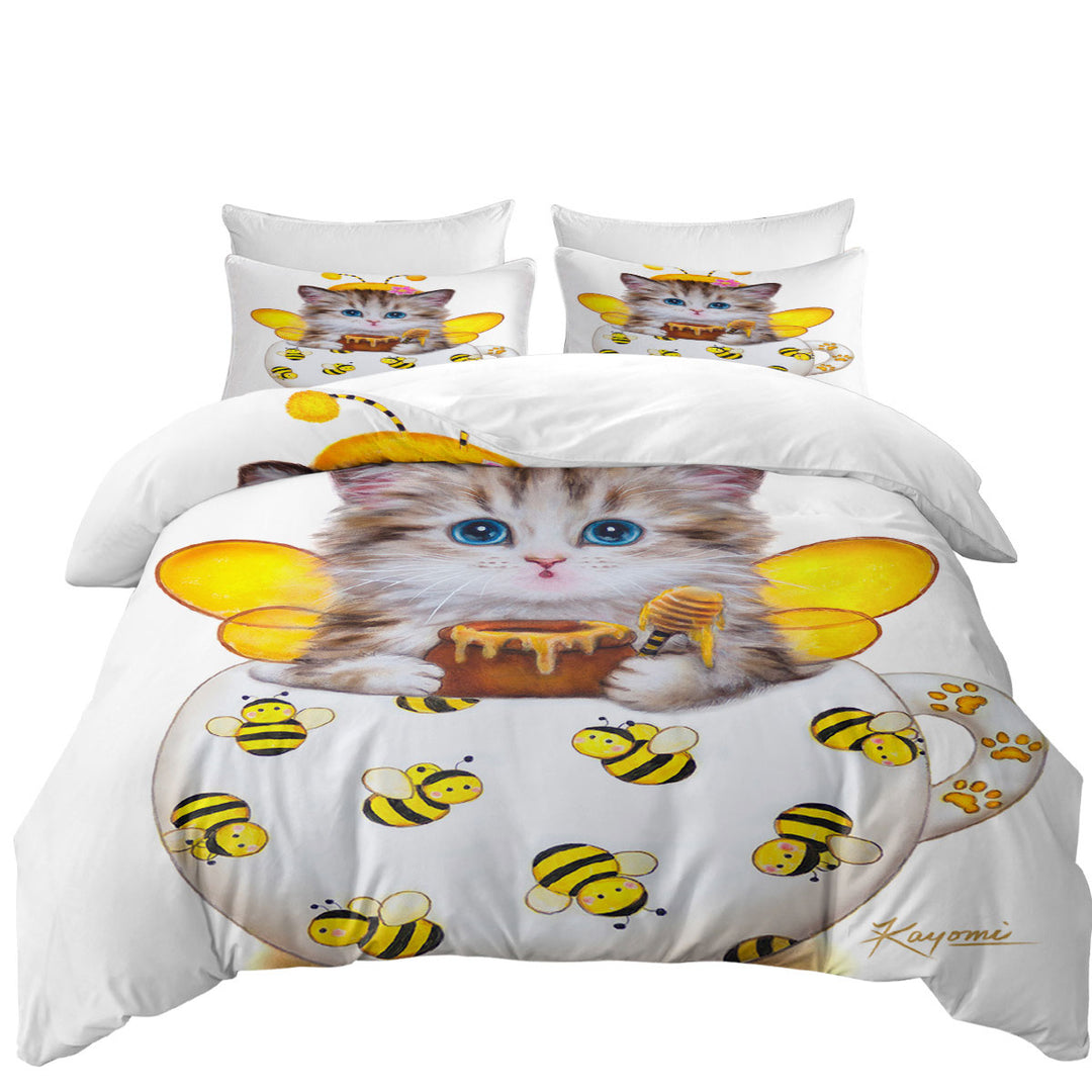 Cat Art Drawings the Cute Cup Kitty Bee Queen Size Duvet Cover