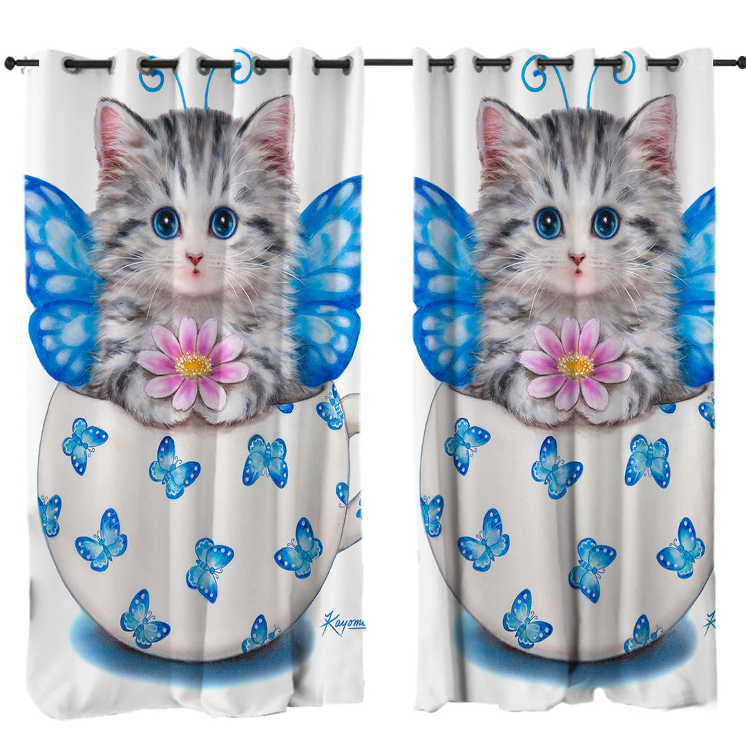 Cat Art Drawings the Cute Cup Kitty Butterfly Drapes