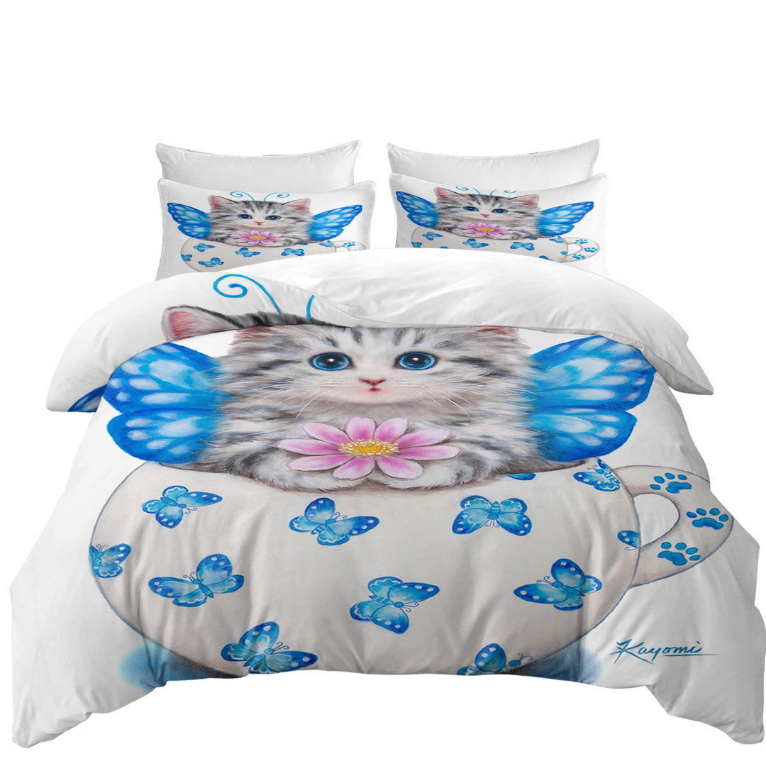Cat Art Drawings the Cute Cup Kitty Butterfly Duvet Cover
