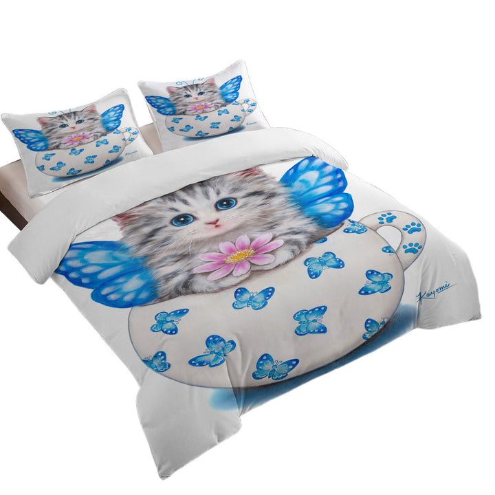 Cat Art Drawings the Cute Cup Kitty Butterfly Duvet Covers