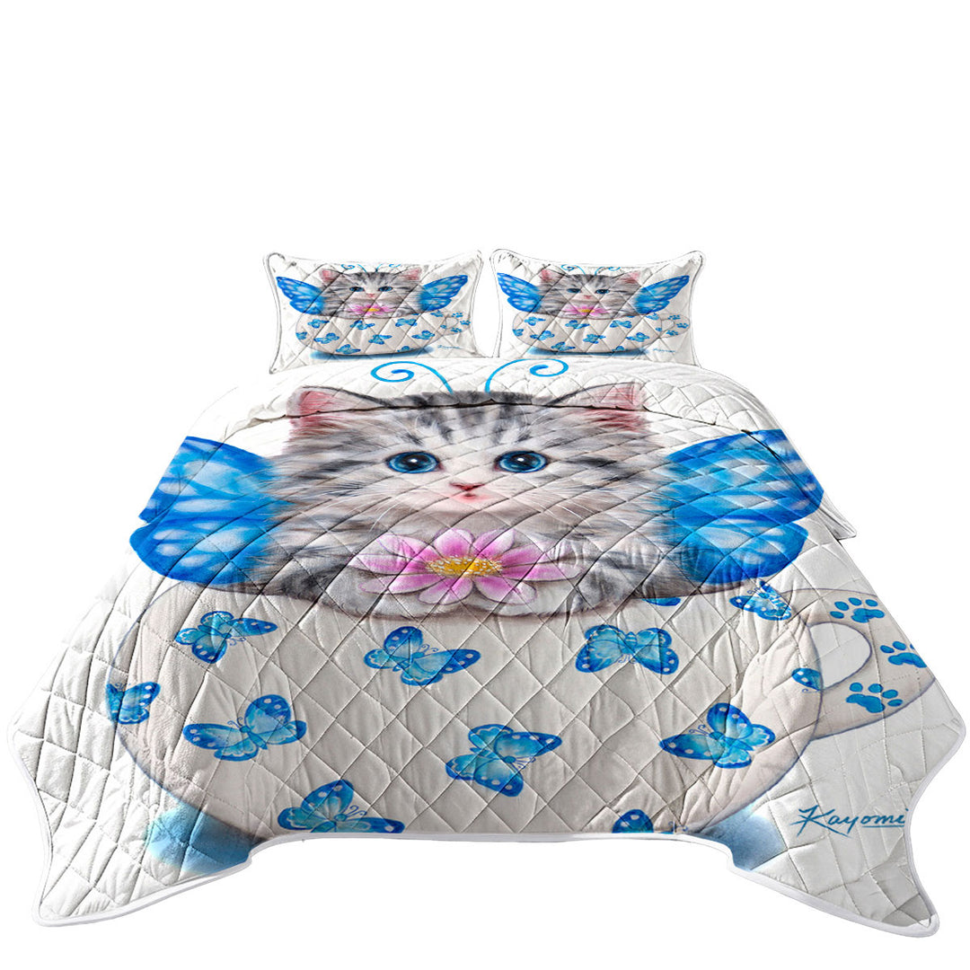Cat Art Drawings the Cute Cup Kitty Butterfly King Size Quilt Sets