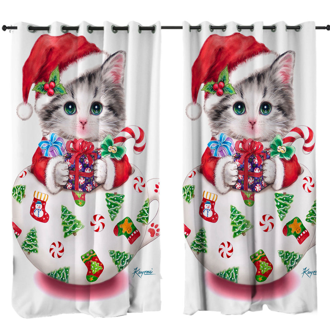 Cat Art Drawings the Cute Cup Kitty Christmas Curtains for Bedroom