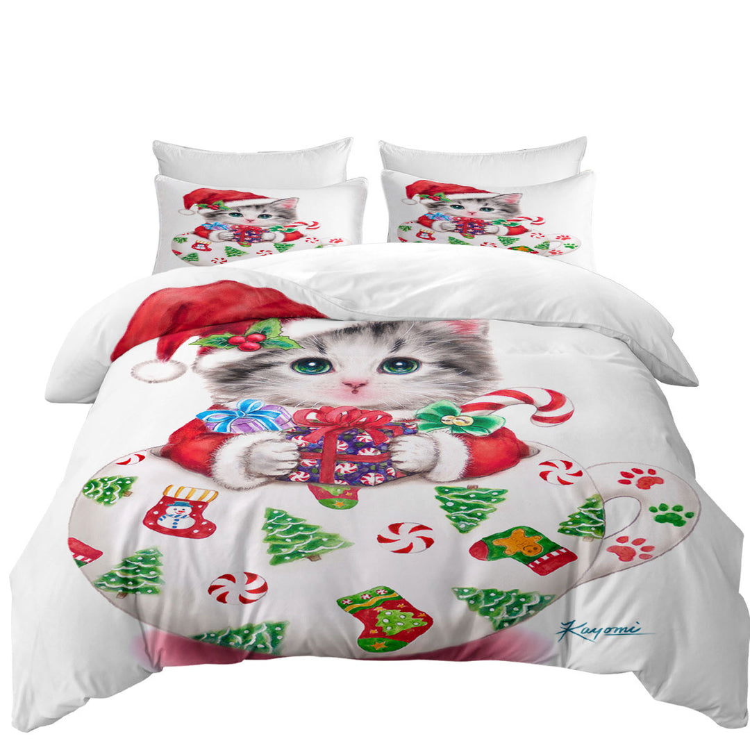 Cat Art Drawings the Cute Cup Kitty Christmas Duvet Covers
