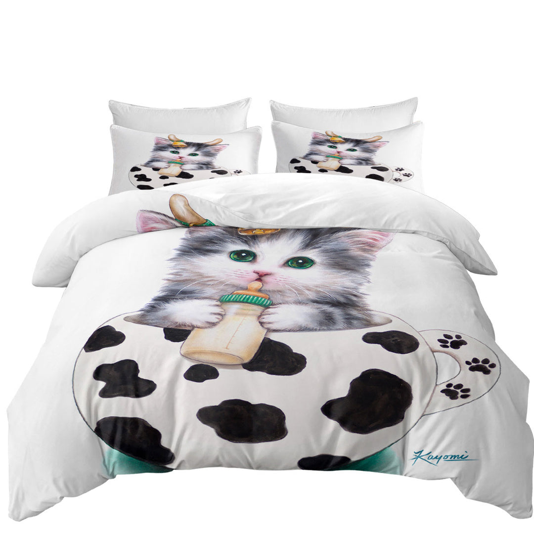 Cat Art Drawings the Cute Cup Kitty Cow King Size Duvet Cover