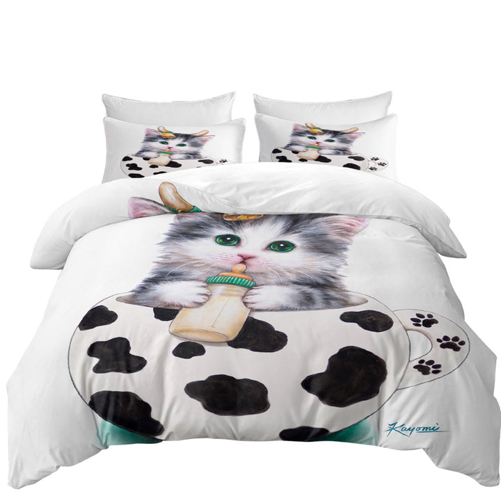 Cat Art Drawings the Cute Cup Kitty Cow King Size Duvet Cover