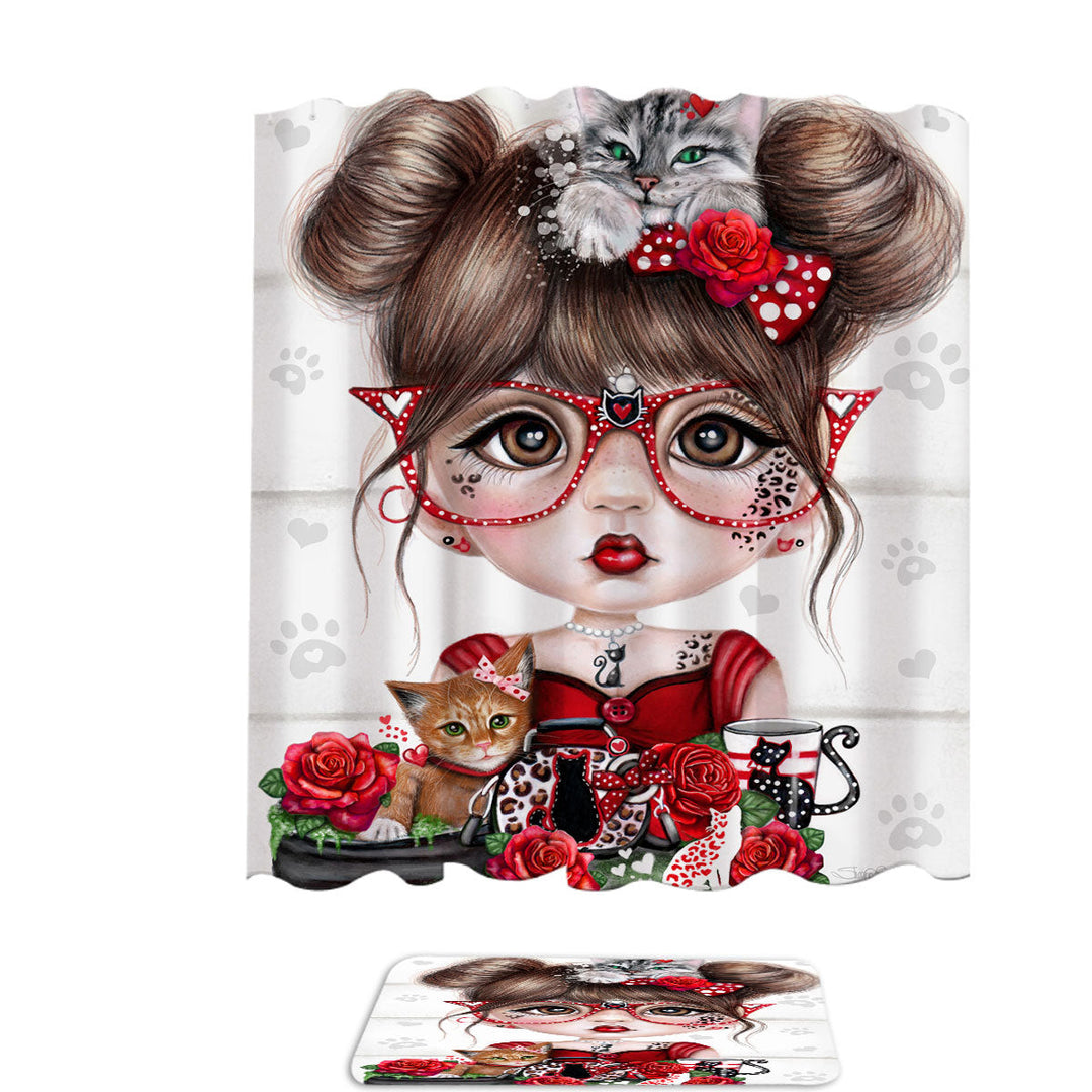 Cat Crazy Chloe Red Girl Shower Curtains and Bathroom Rugs