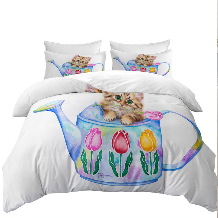 Cat Drawing for Kids Tulips and Kitten Duvet Cover sale