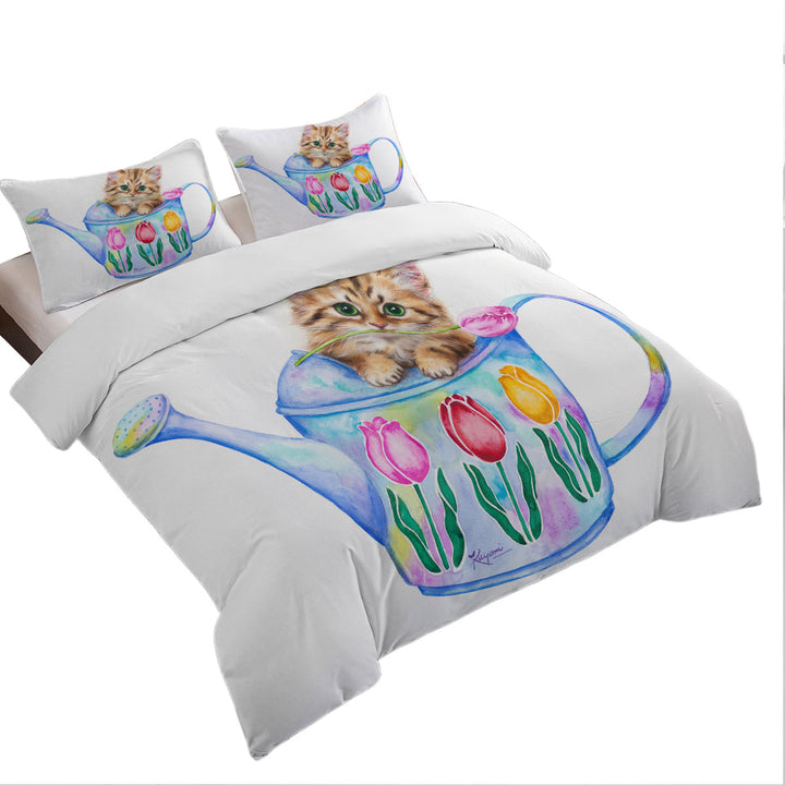 Cat Drawing for Kids Tulips and Kitten Quilt Cover