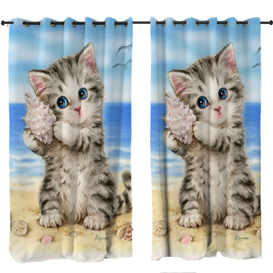 Cat Drawings Cute Grey Kitten at the Beach Drapes for Living Room