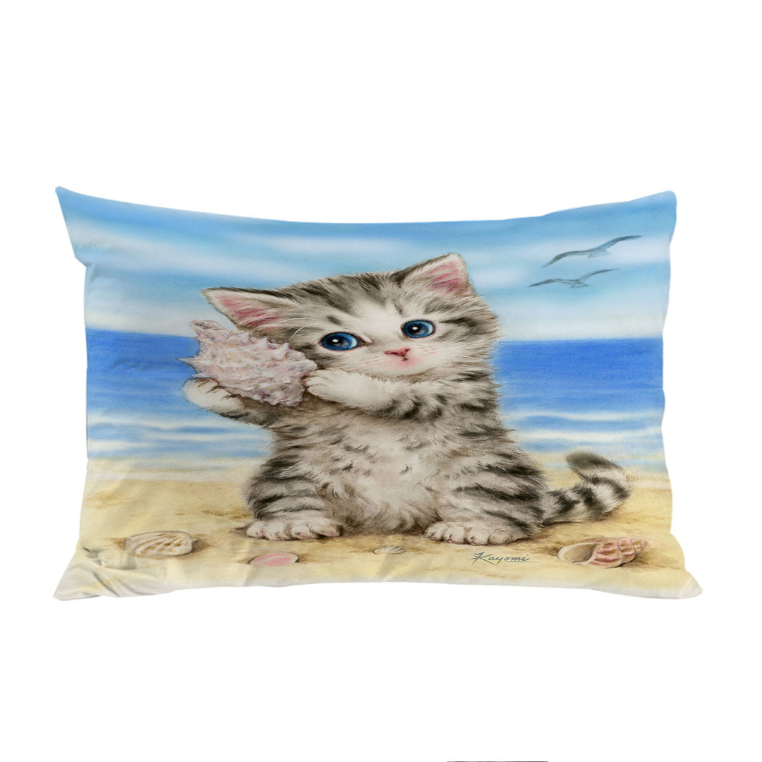 Cat Drawings Cute Grey Kitten at the Beach Pillow Cases