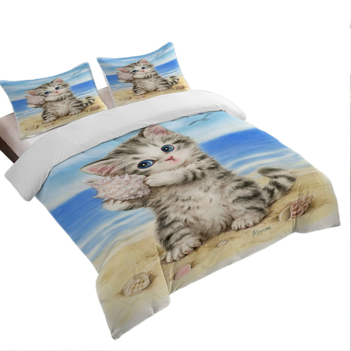 Cat Drawings Cute Grey Kitten at the Beach Queen Size Duvet Cover