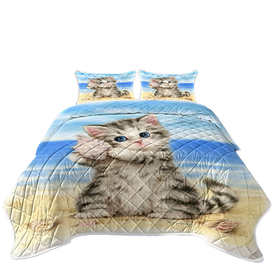 Cat Drawings Cute Grey Kitten at the Beach Quilts