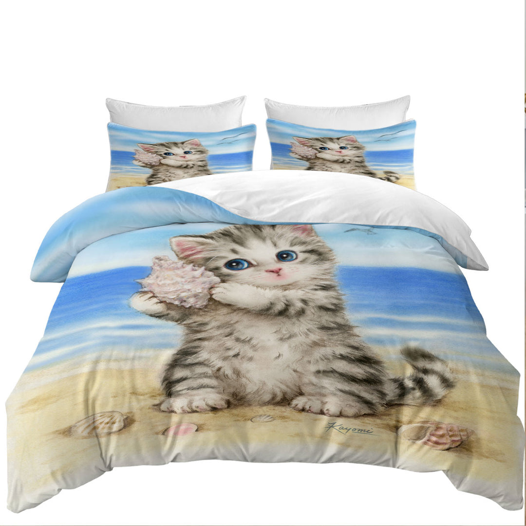 Cat Drawings Cute Grey Kitten at the Beach Twin Duvet Covers