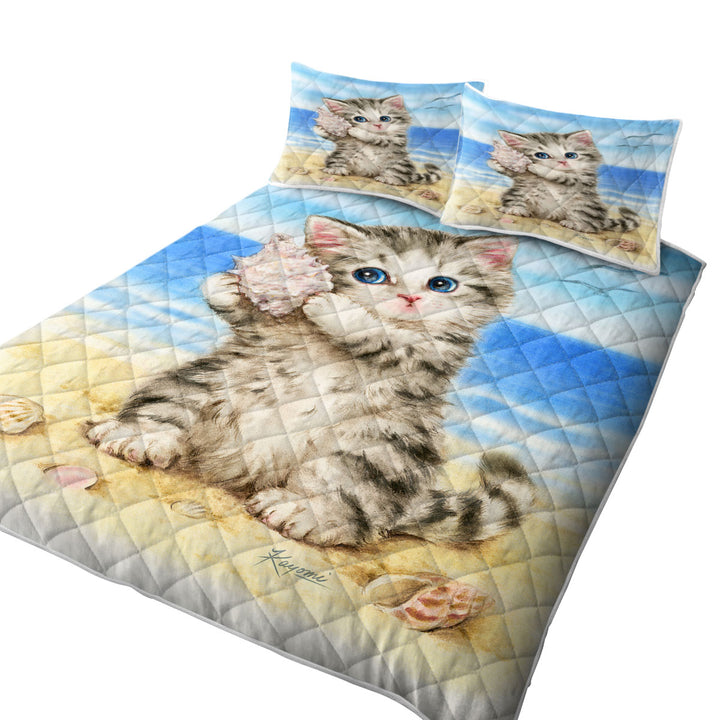 Cat Drawings Cute Grey Kitten at the Beach Twin Quilt