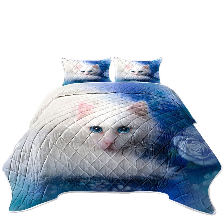 Cat Painting Blue Eyes White Lady Kitty King Quilt