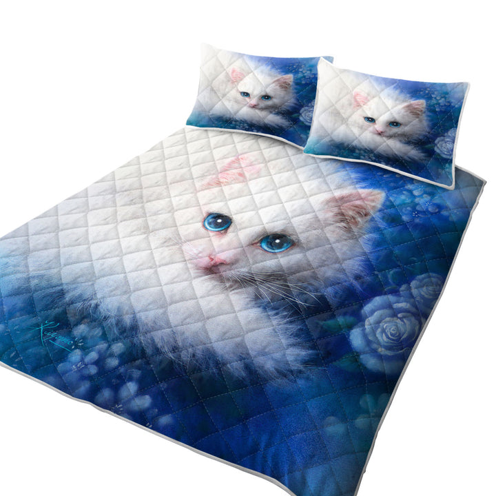 Cat Painting Blue Eyes White Lady Kitty Quilts for sale