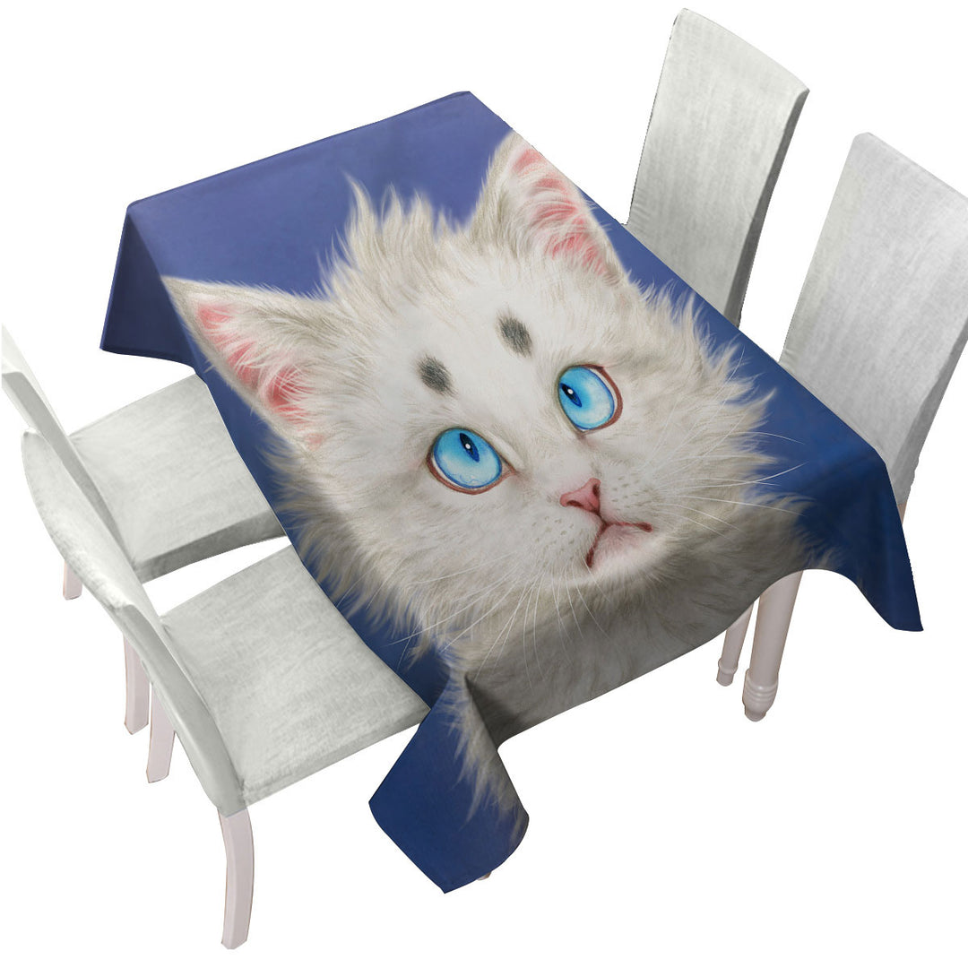 Cat Painting Lovely White Kitten Printed Tablecloth