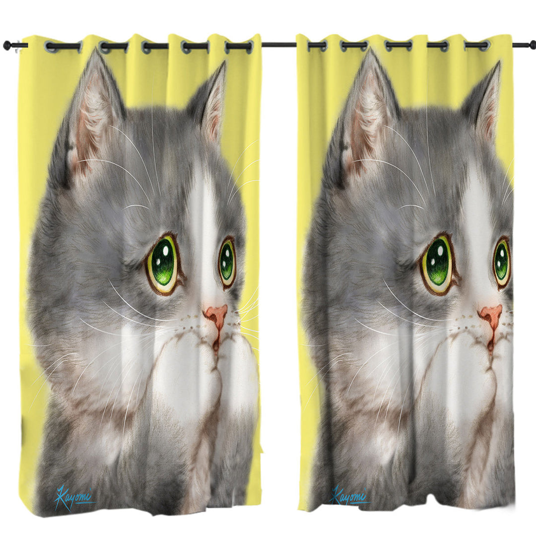 Cat Prints Adorable Grey Kitten over Yellow Drapery
