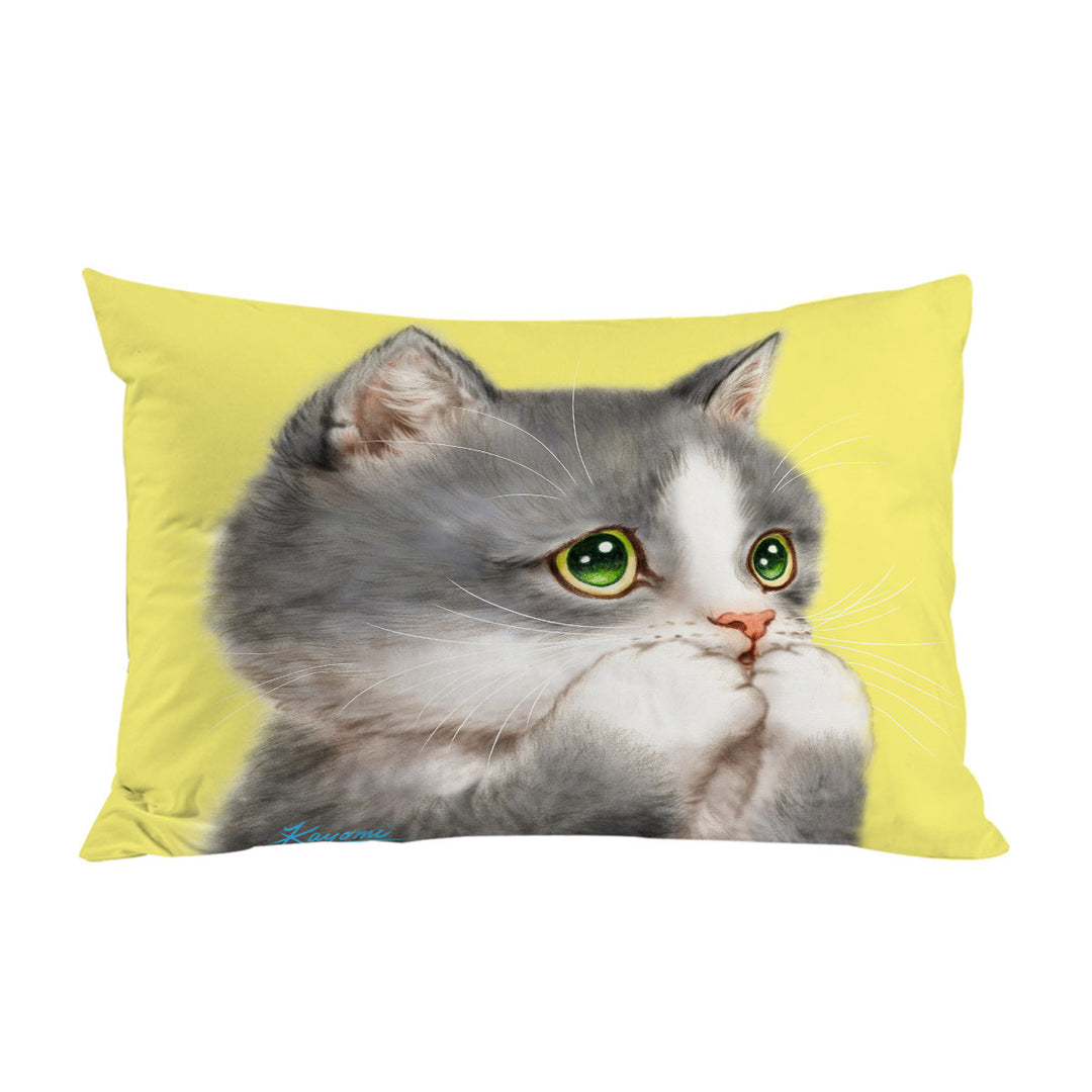 Cat Prints Adorable Grey Kitten over Yellow Pillow Cases