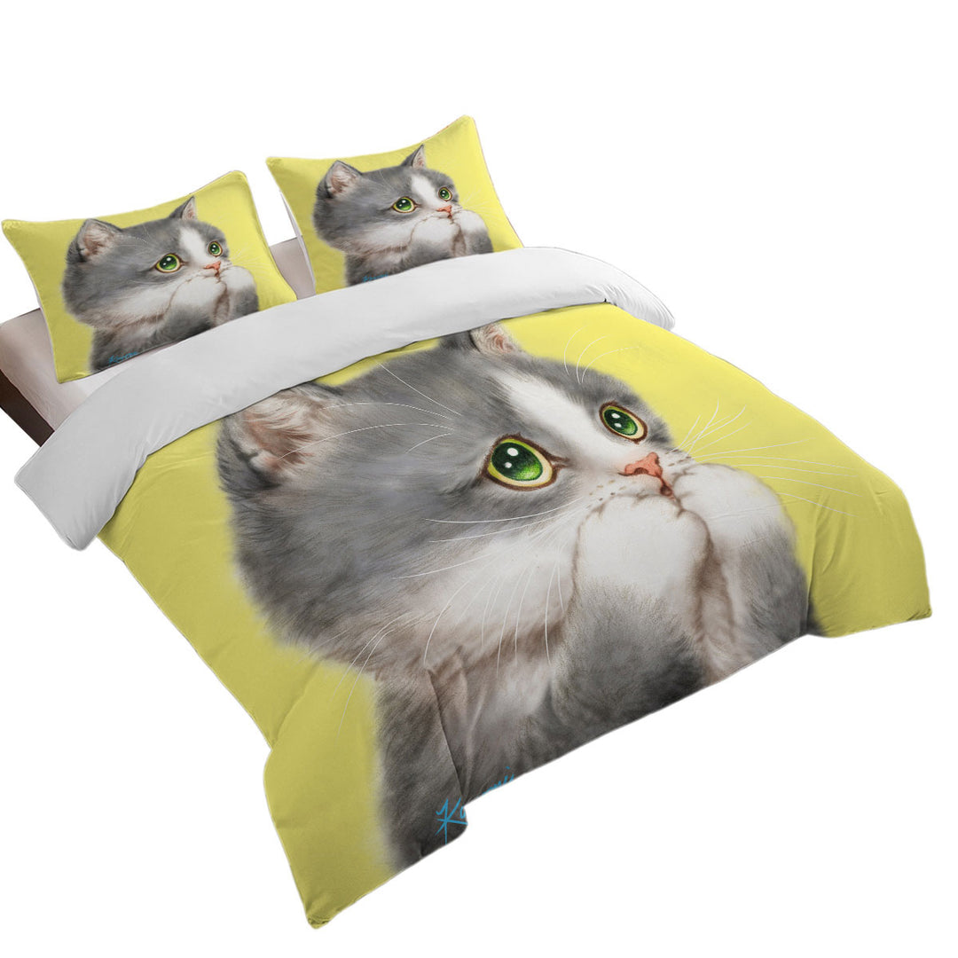 Cat Prints Adorable Grey Kitten over Yellow Quilt Cover