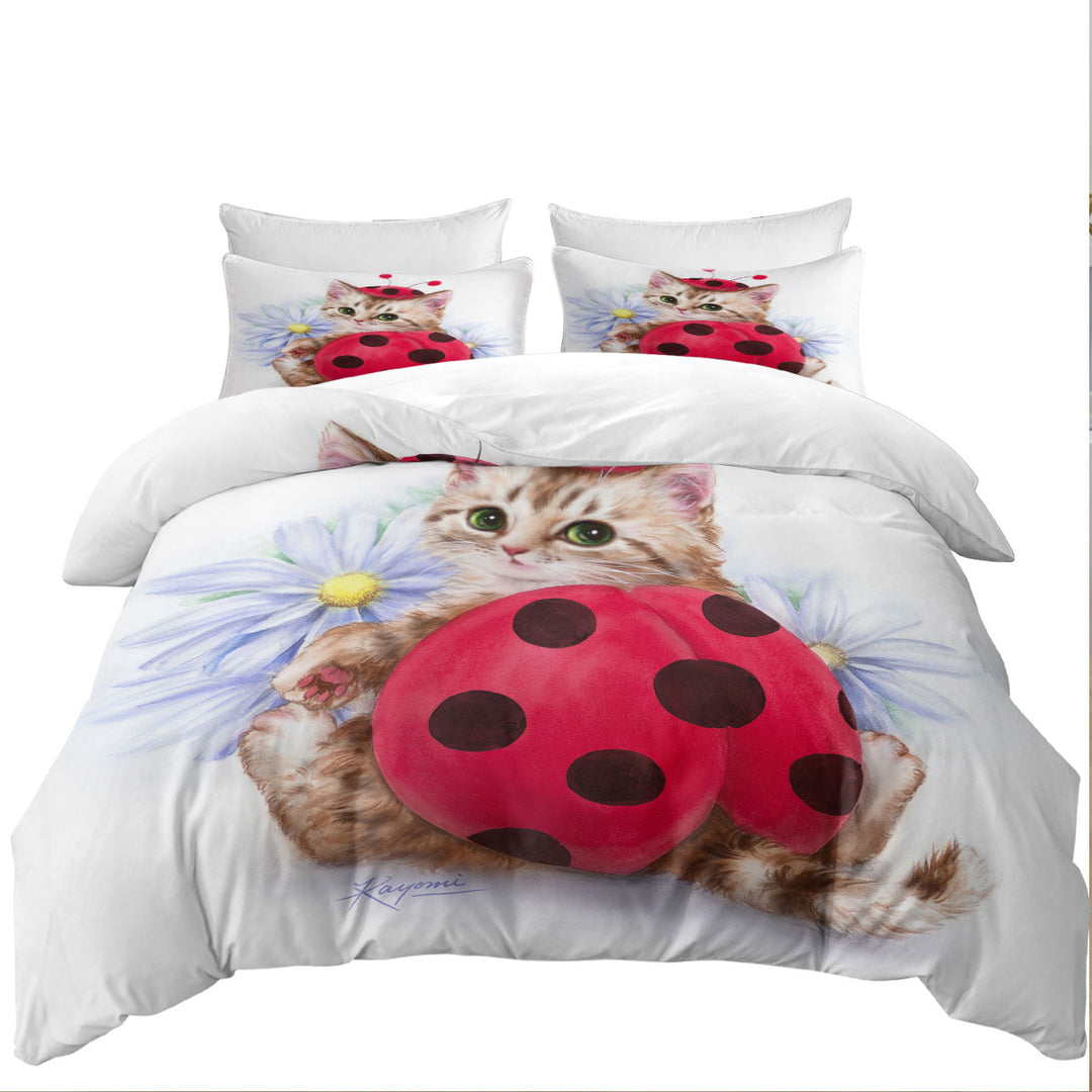 Cat for Kids Daisy Flowers and Ladybug Kitten King Size Duvet Cover
