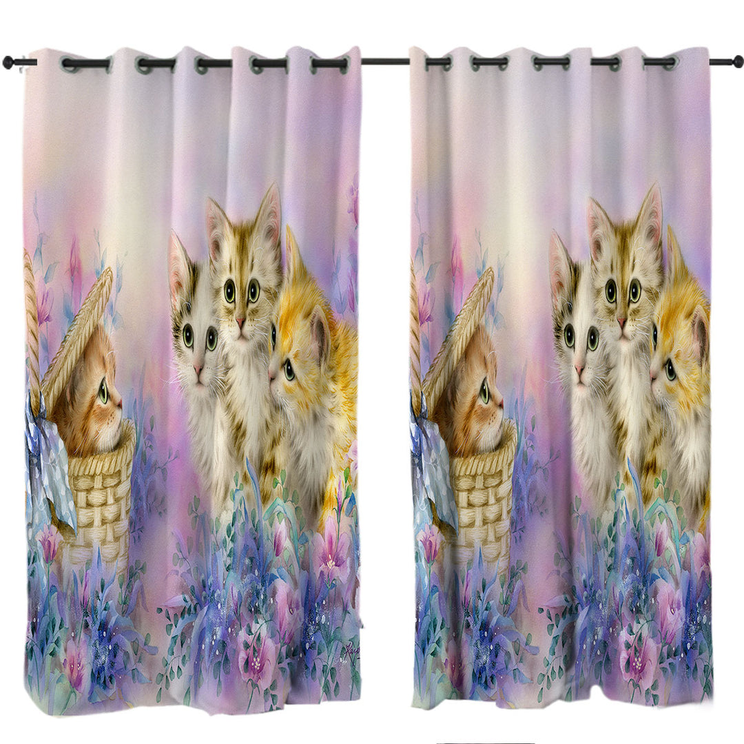 Cats Art Adorable Cute Kittens in Flower Garden Curtains