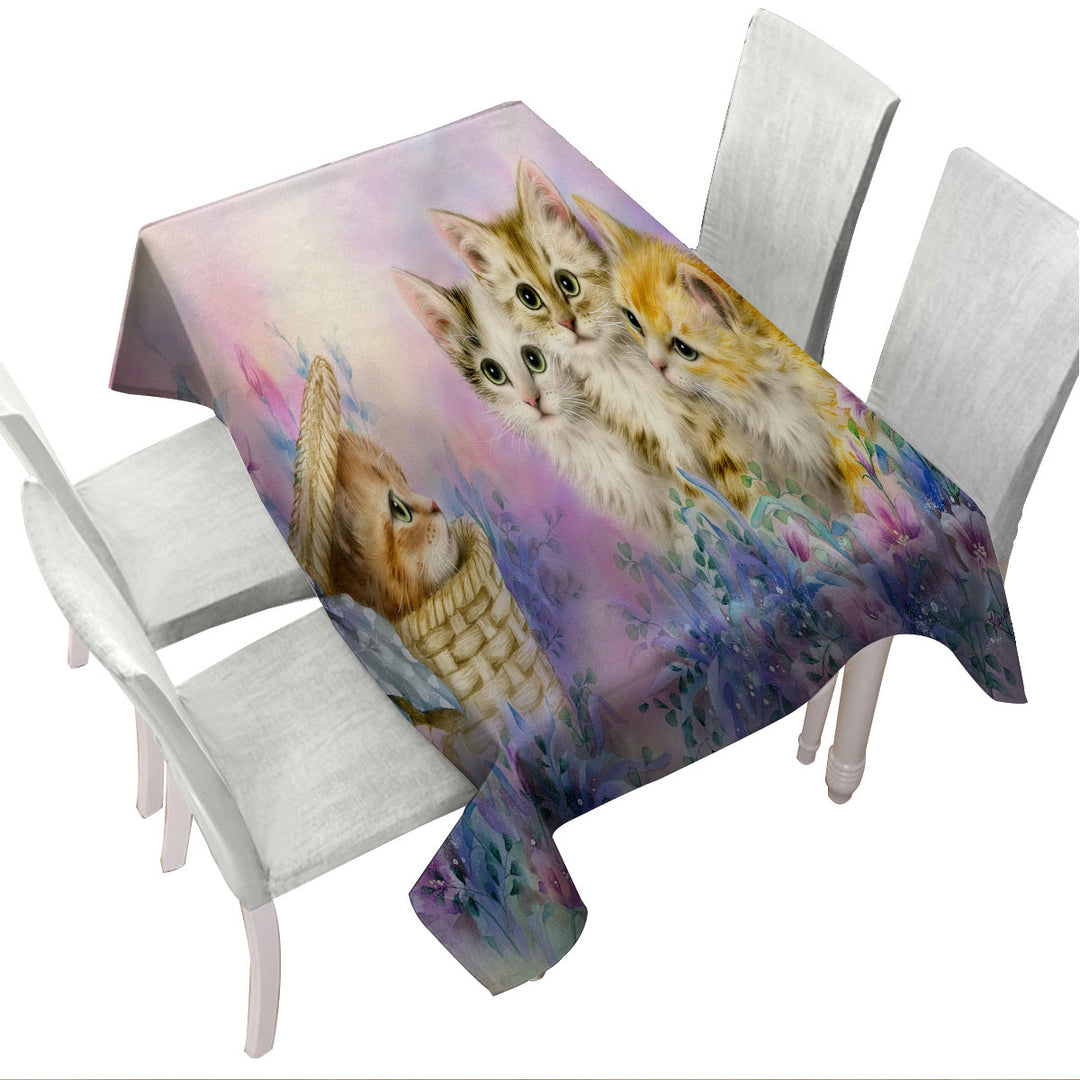 Cats Art Adorable Cute Kittens in Flower Garden Tablecloths