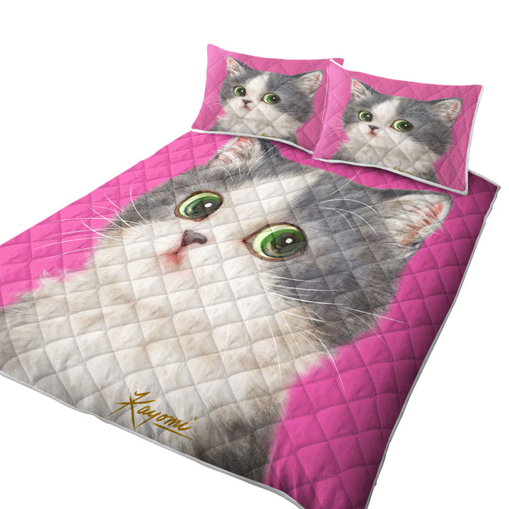 Cats Art Adorable Shy Kitten Over Pink Coverlets