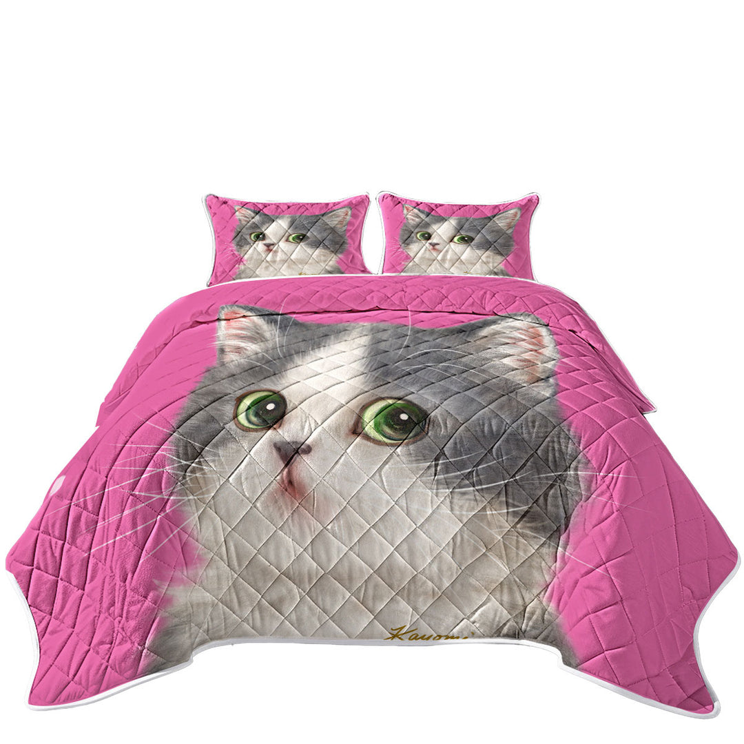 Cats Art Adorable Shy Kitten Over Pink King Size Quilt Sets